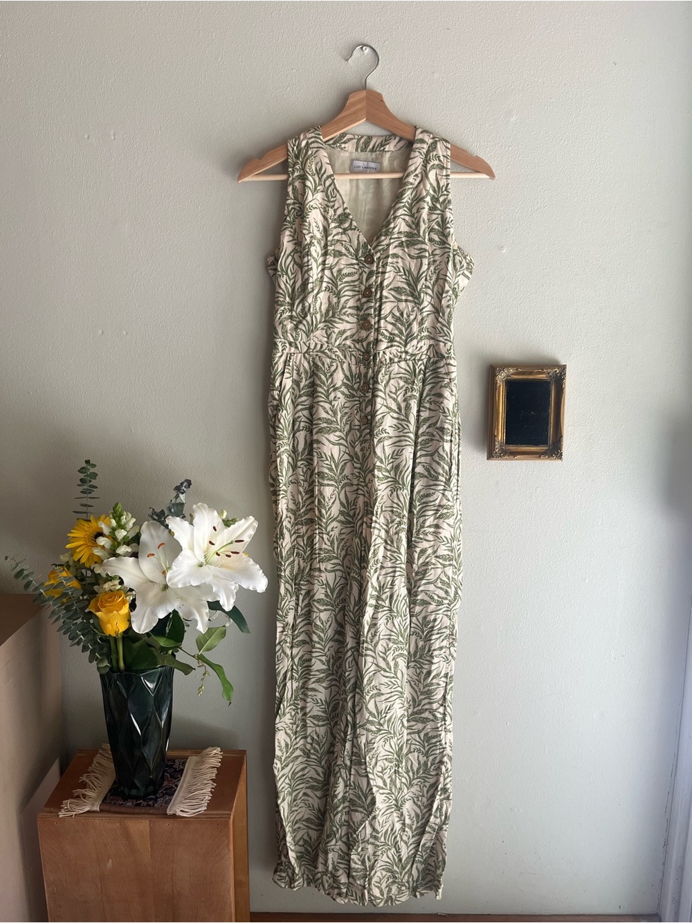 Lost + Wander Olive Leaf Print Sleeveless Jumpsuit